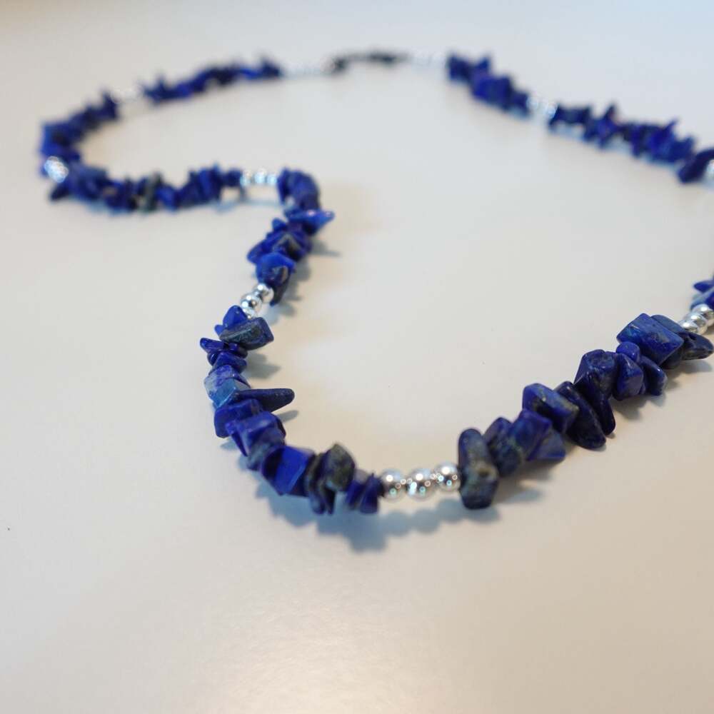 Lapis Lazuli Chip Bead Necklace with Silver Tone Accents